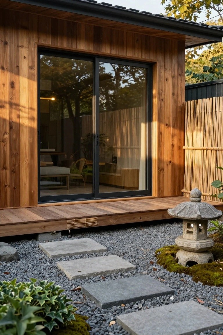 Small wooden cabin with vertical cedar cladding, large black-framed sliding glass doors opening to a wooden deck, gravel garden path with stepping stones, stone lantern, moss, ferns, and bamboo fence.