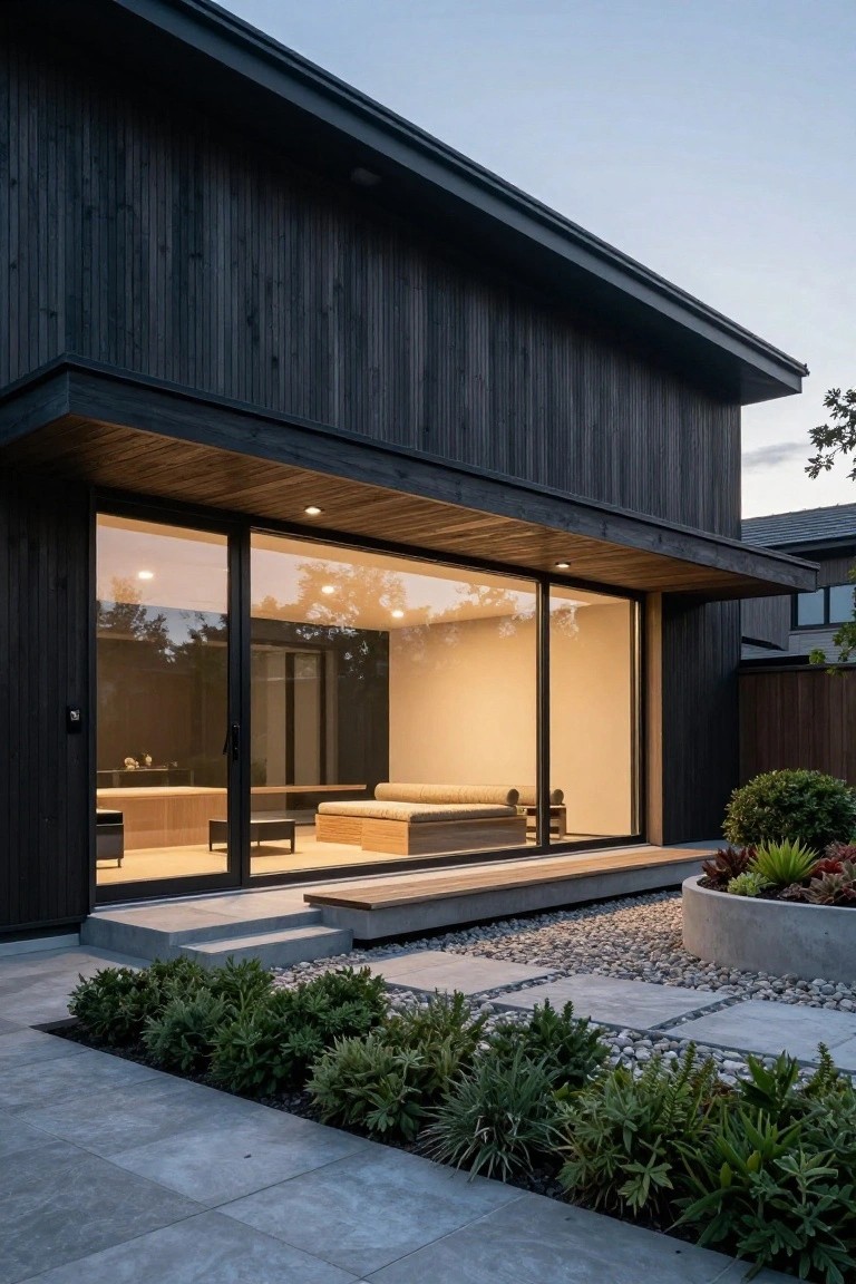 Modern house exterior with black vertical wood cladding, large floor-to-ceiling sliding glass doors revealing a minimalist interior with beige furniture, adjacent gravel patio, stone steps, and low plants at dusk.