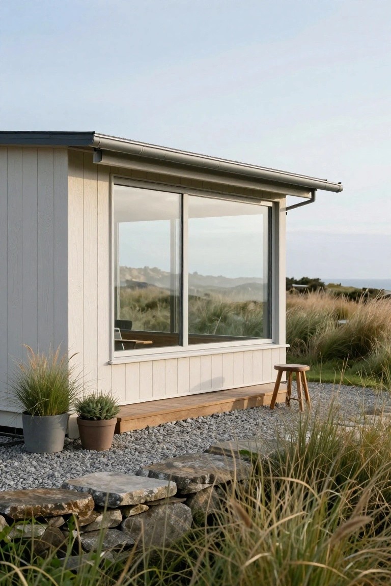Side view of a white vertical wood-clad cabin with a large horizontal sliding glass window overlooking grassy dunes, hills, and ocean, next to potted grasses, a wooden stool, gravel area, and stone wall base.