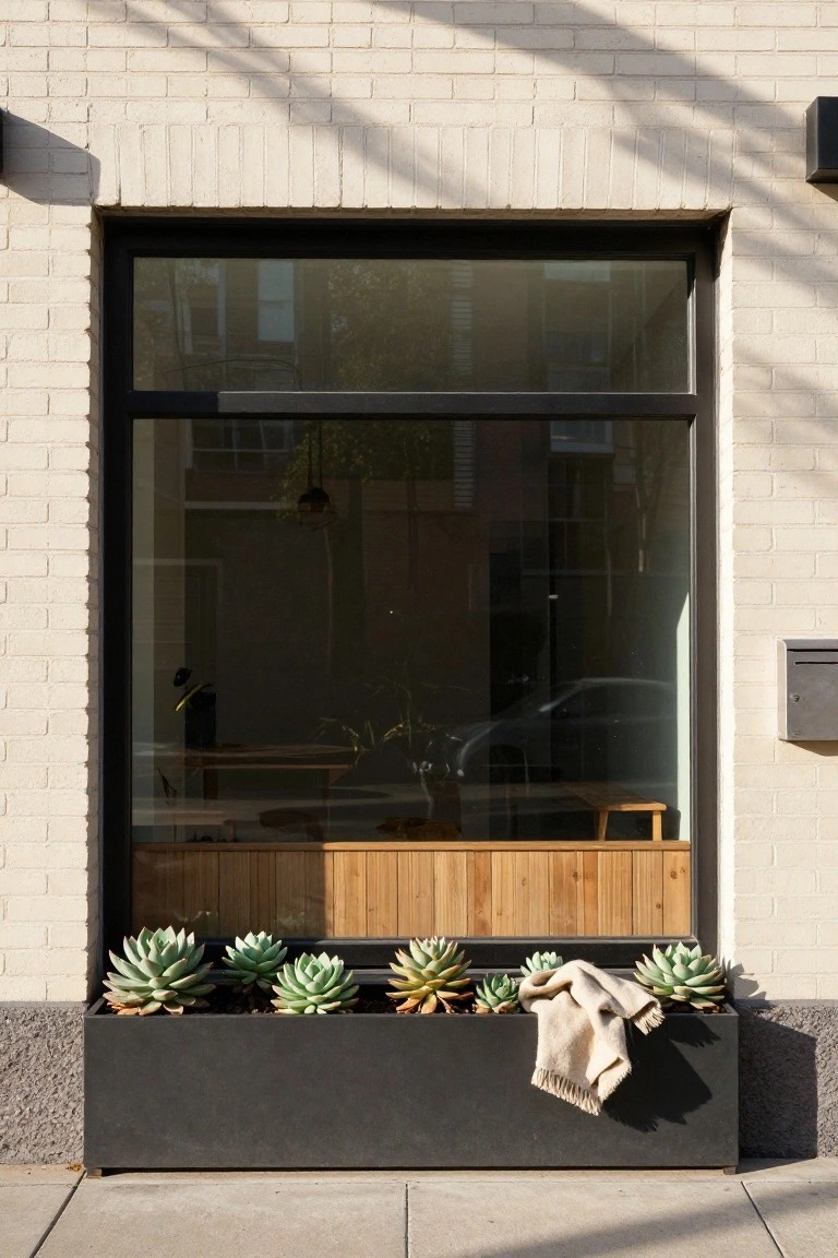 Light brick building facade with large black-framed picture window revealing wooden interior bench, long black metal planter box at base filled with multiple green succulents and a draped beige blanket, sunny sidewalk in foreground.