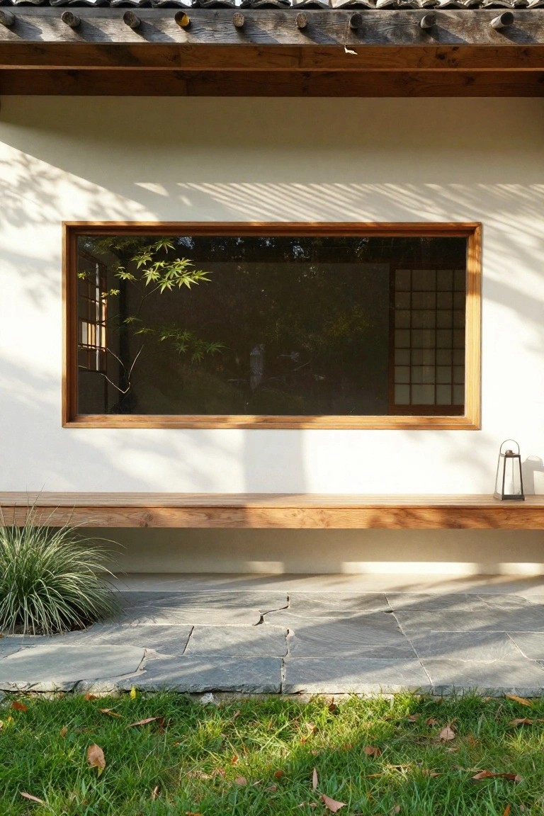 White plaster house wall with large wooden-framed window showing shoji screen inside, wooden bench below holding a metal lantern, fountain grass beside it, stone pavers, and grass lawn in front.