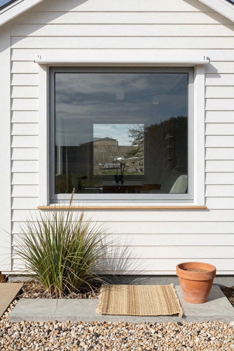 White clapboard house exterior with large grey-framed reflective window above wood sill, ornamental grass planted below, terracotta pot, seagrass mat, and pebble ground cover on concrete pad.
