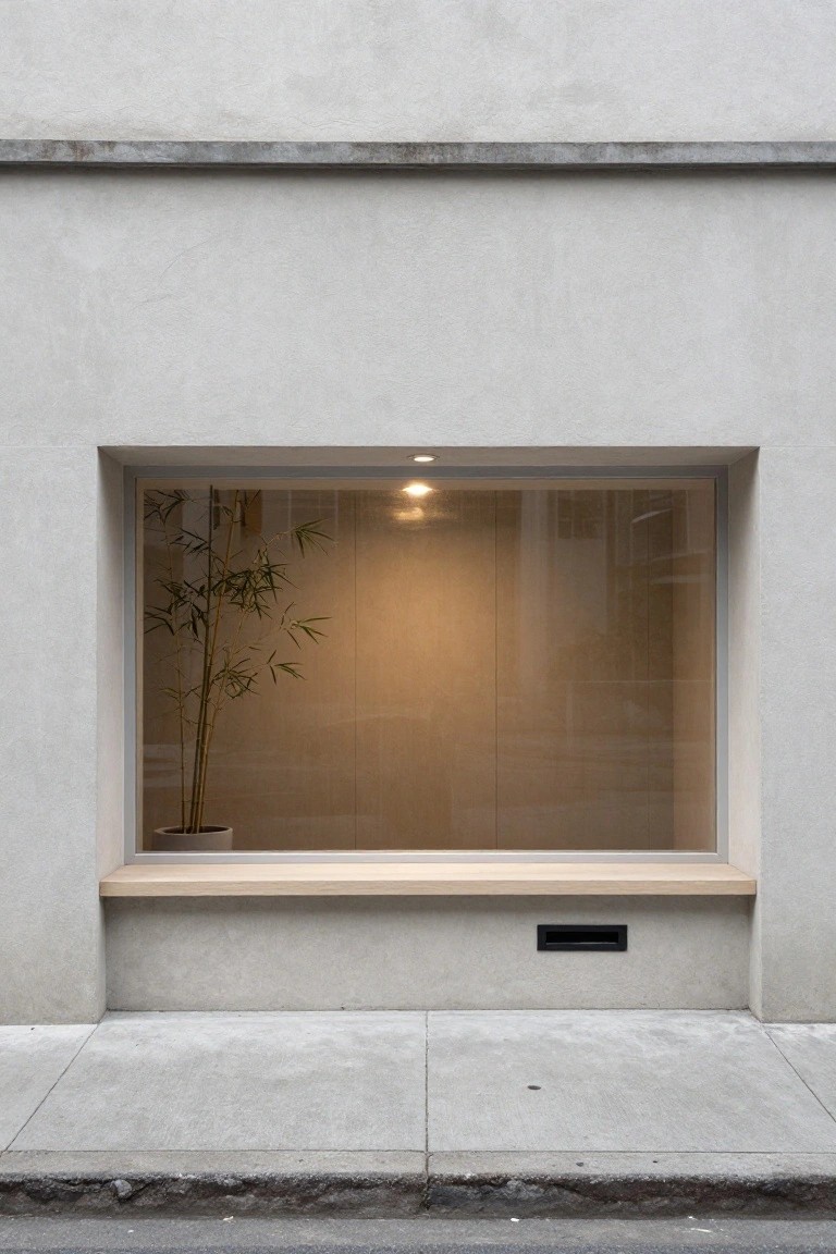 Gray stucco building facade with a large recessed rectangular window displaying a potted bamboo plant illuminated by a spotlight, wooden bench below the window, black mail slot, and concrete sidewalk in front.