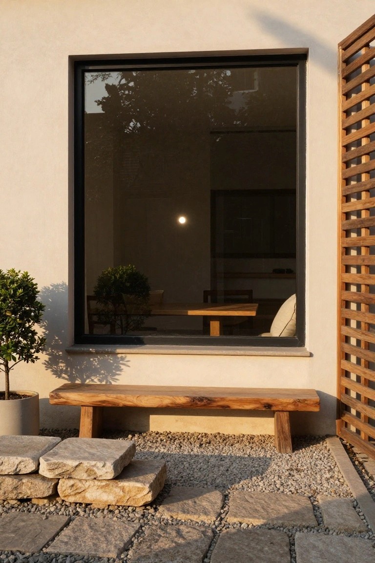 Exterior view showing a large black-framed window in a light beige wall reflecting indoor dining table and chairs, with a live-edge wooden bench on gravel ground nearby, potted boxwood plants, stone pavers, and a wooden lattice screen.