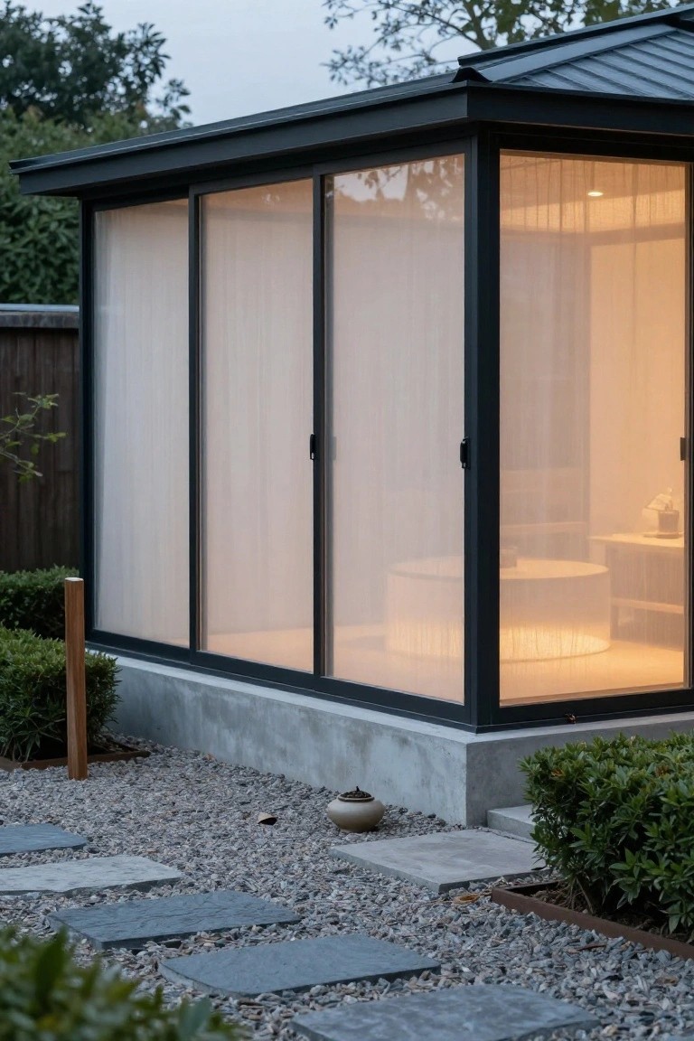 Modern outdoor pavilion with black metal-framed sliding glass doors draped in white sheer curtains, a round white tub inside under warm lighting, gravel ground cover, stone steps, and low shrubs nearby.