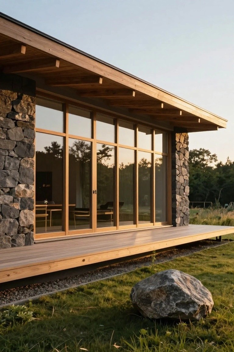 Side exterior view of a house featuring dark irregular stone walls flanking large vertical wooden-framed glass windows and sliding doors that open to a protruding wooden deck, beneath an overhanging wooden roof structure, with grass, rocks, and trees nearby in evening light.
