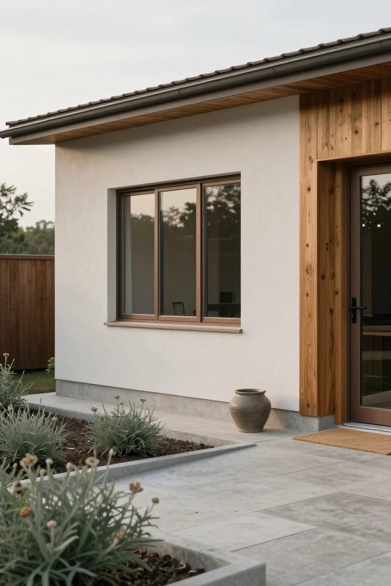 Side exterior of a house with white plaster wall, vertical wooden cladding beside a glass sliding door and window, concrete path, raised planting beds with lavender plants, and a large terracotta pot.
