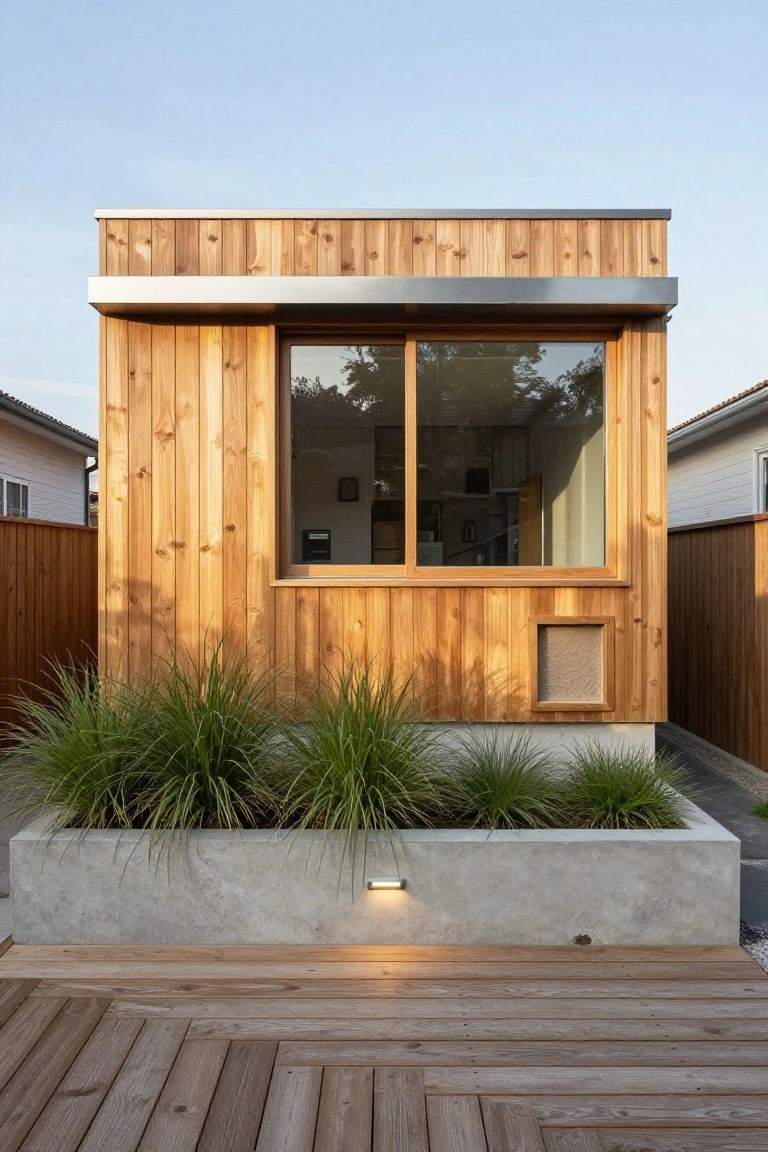 Small modern cabin with vertical cedar wood siding, large wood-framed window, wooden fences on sides, grasses in concrete planter box, and wooden deck in front.