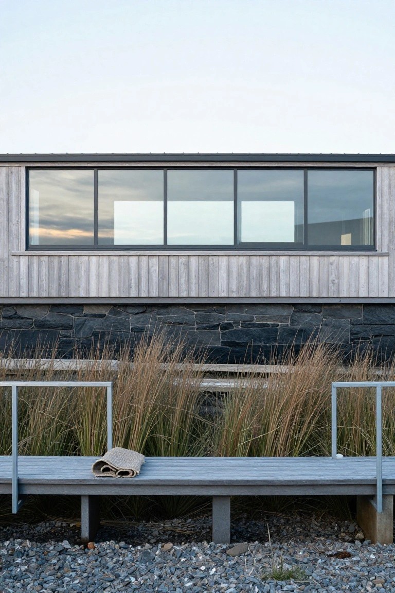 Modern house exterior featuring light vertical wood cladding on the upper facade, dark stone base, large horizontal black-framed windows, a metal bench with a folded towel amid tall grasses and pebble ground cover.