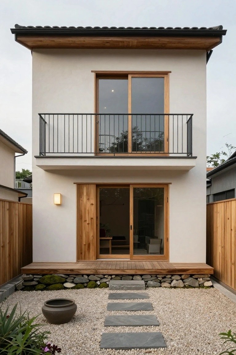 Two-story house exterior with white plaster walls, upper balcony of wooden sliding glass doors with black metal railing, lower wooden sliding doors to a deck platform, wooden side fences, and front gravel area with stone path, potted plant, and agave.