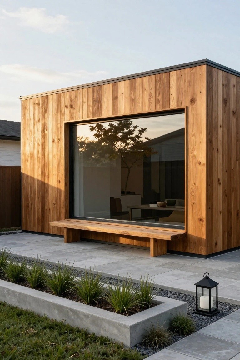 Wooden pavilion with horizontal cedar cladding and black-framed floor-to-ceiling window, built-in wooden bench at window base on gray tiled patio edged with plants and gravel, black lantern nearby.