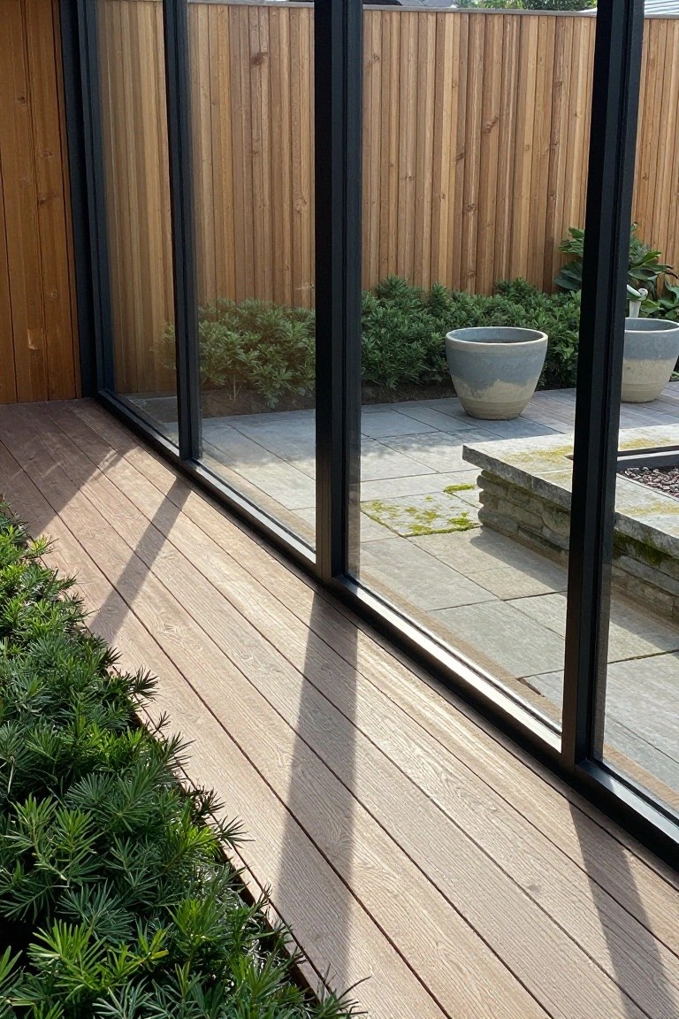 Wooden deck with low green shrubs along the edge adjacent to tall black-framed glass panels overlooking a stone paver patio with gray plant pots, a built-in fire pit in a low stone wall, and cedar slat fencing.