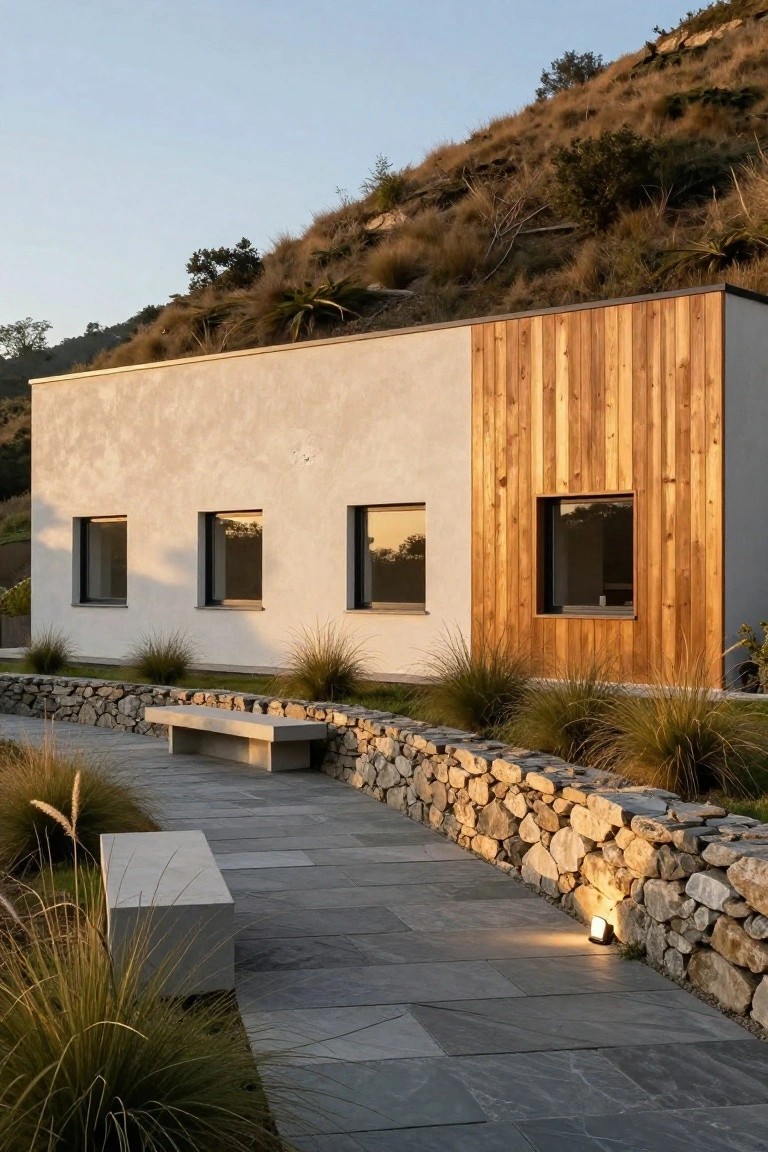 Modern single-story house exterior on a hillside with white plaster walls on the left, vertical wood cladding on the right, three recessed windows on plaster side and one on wood side, concrete bench on stone-walled path with grasses below.