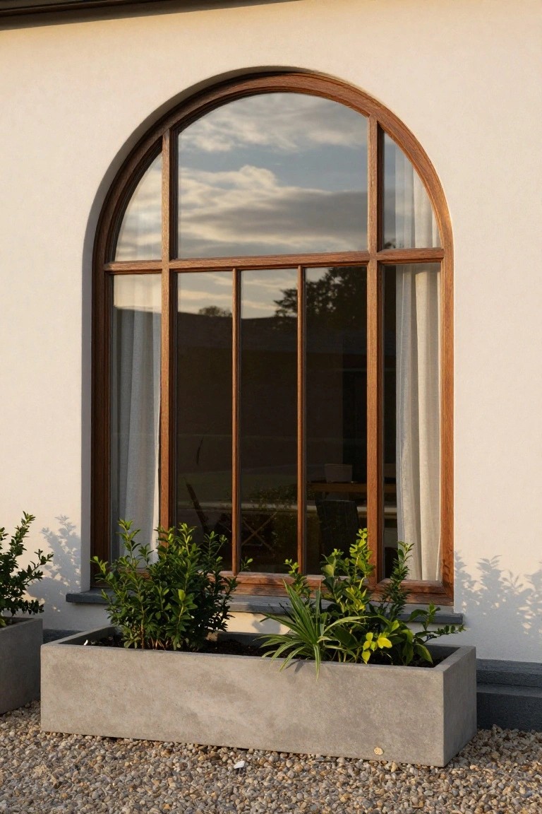 White stucco house wall with a tall arched wooden window featuring multiple glass panes and sheer curtains inside, above a long rectangular concrete planter containing boxwood, succulents, and other green plants on gravel ground.