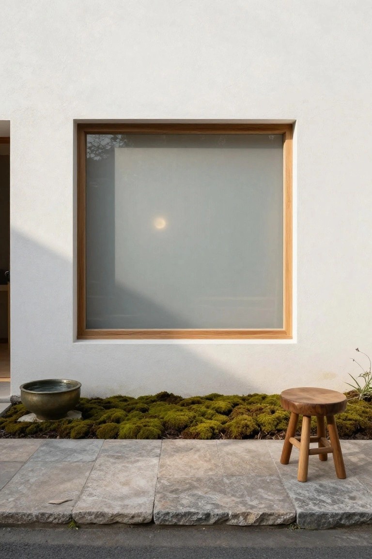 White stucco exterior wall with a large square window framed in light wood, frosted glass, moss ground cover, bronze basin with water, wooden stool, and irregular stone pavers at the base.