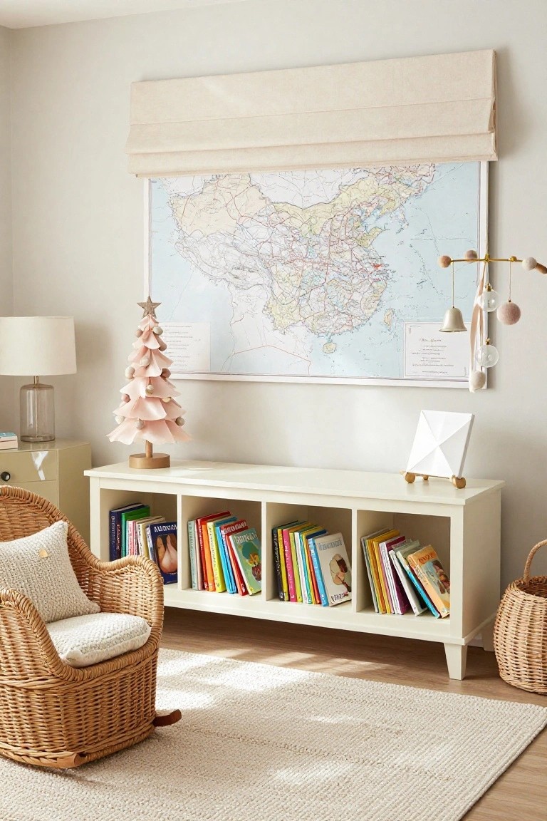 A small pink paper Christmas tree with layered fabric petals and felt balls stands on a wooden base next to white bookshelves in a beige nursery room with a wicker rocking chair, lamp, and wall map of China.