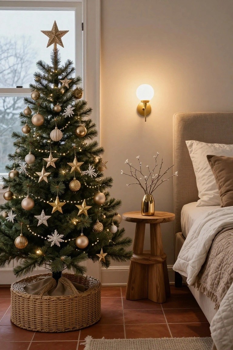 A petite evergreen Christmas tree decorated with gold and champagne-colored ornaments and string lights stands in a bedroom corner beside a bed with beige bedding, next to a window and wooden nightstand.