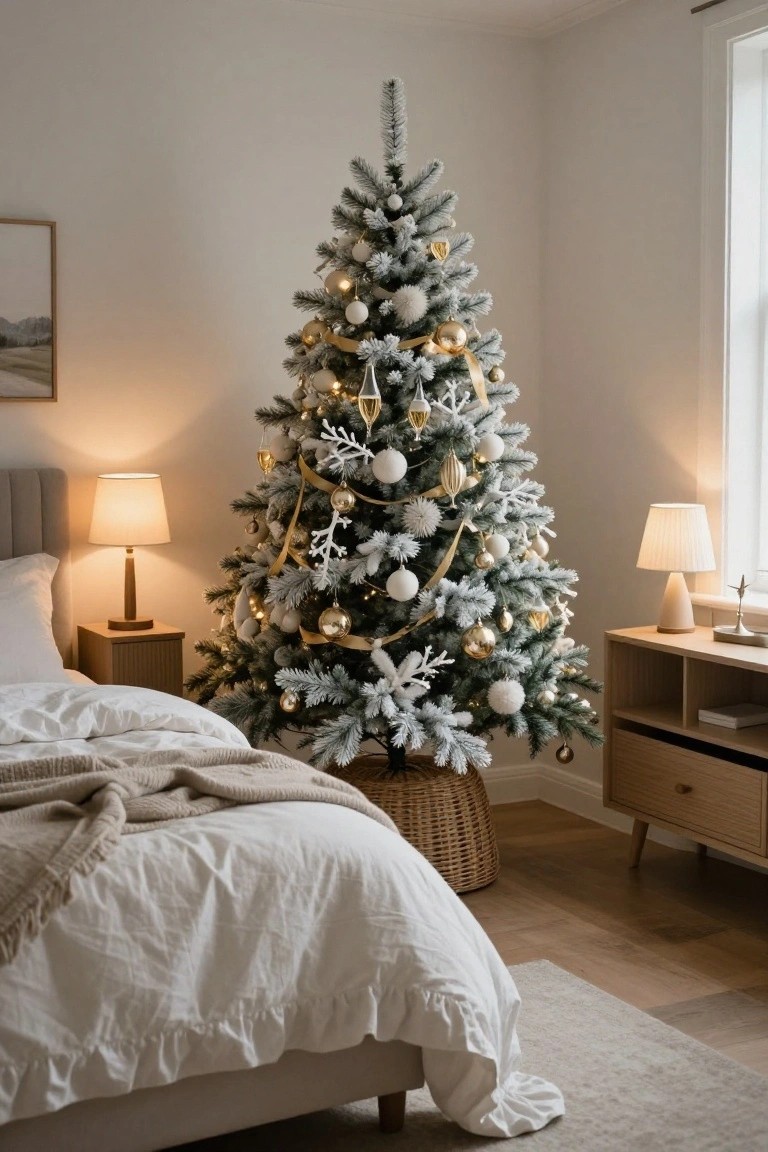 Bedroom corner featuring a tall flocked artificial Christmas tree decorated with white and gold ornaments, ribbons, and lights, positioned next to a bed with white sheets, neutral furniture, and bedside lamps.