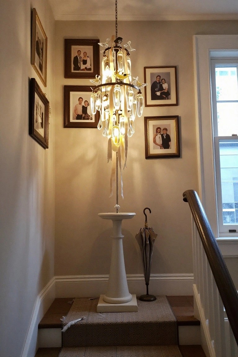 Beige interior corner with sparkling chandelier of glass drops resembling champagne flutes hanging above a white pedestal table and umbrella beside wooden stairs with beige runner.