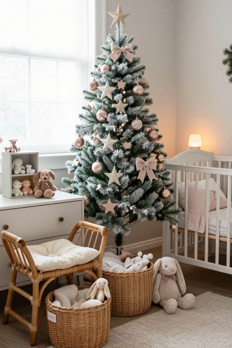 A nursery room with a flocked Christmas tree decorated in champagne and rose gold ornaments and ribbons, positioned near a white crib, rattan chair, and wicker baskets holding stuffed animals.