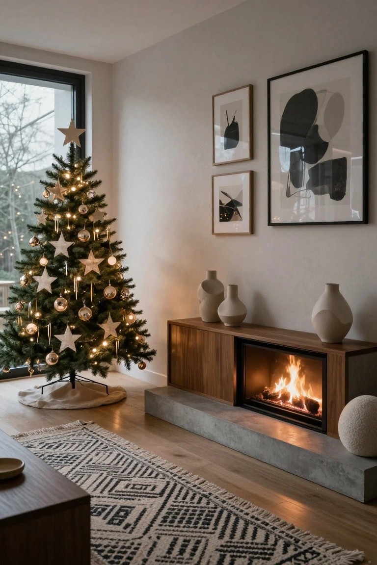 A lit Christmas tree decorated with gold stars and baubles stands beside a wooden fireplace with burning flames in a modern living room featuring neutral gray walls, abstract black-and-white artwork, large window, beige vases, and a woven rug.