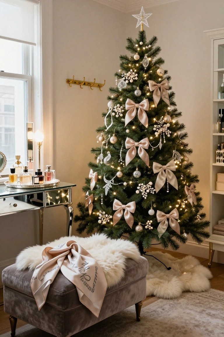 A Christmas tree decorated with numerous champagne-colored satin ribbons, pearl garlands, and gold ornaments stands beside a mirrored vanity table holding perfume bottles and a plush velvet ottoman covered in faux fur in a softly lit bedroom corner.