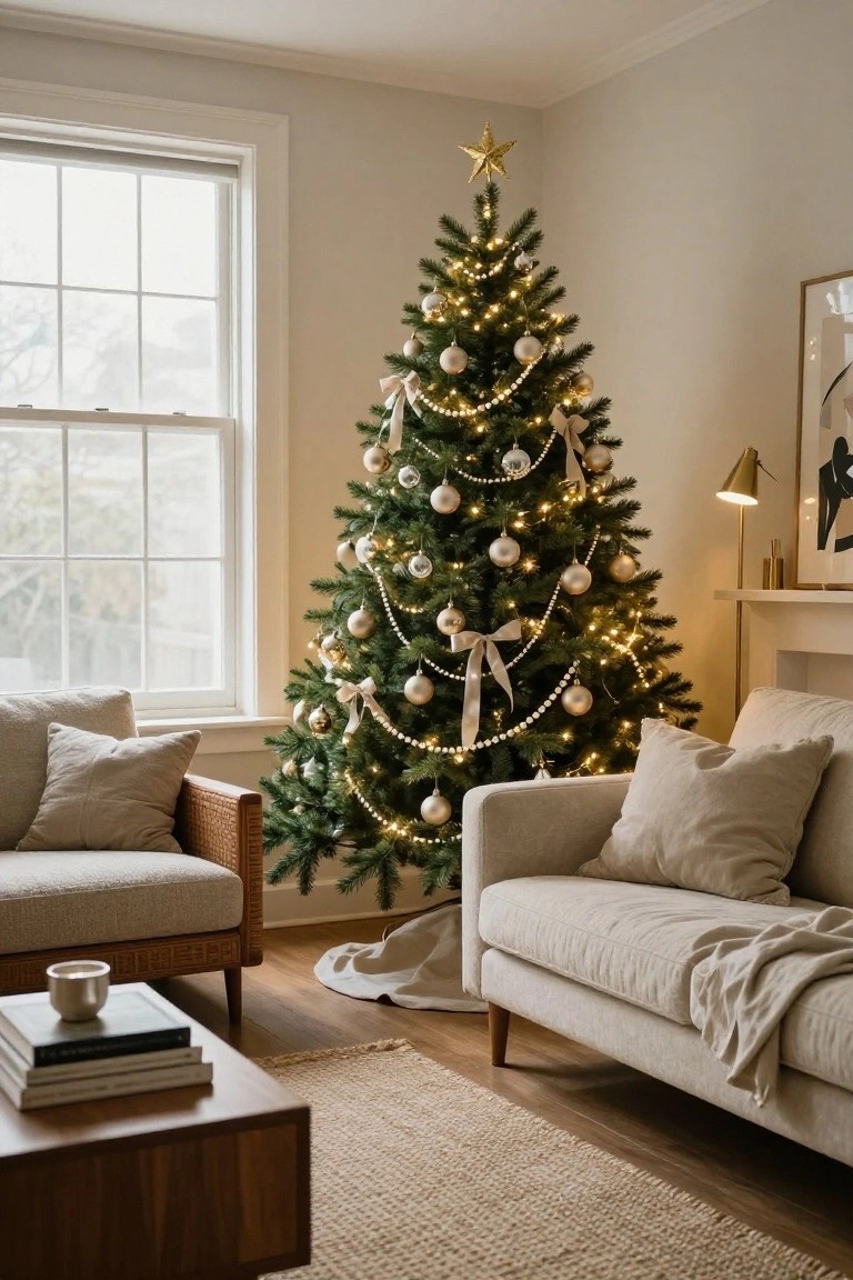 Living room with a lit Christmas tree decorated in gold and white ornaments, beaded garlands, and ribbons, next to a beige sofa, rattan chair, wood coffee table, and neutral rug.