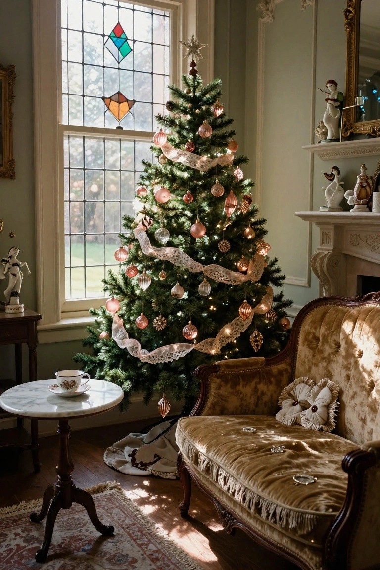 A Christmas tree decorated with pink glass ornaments, gold accents, and white lace garland stands in a pale green Victorian parlor with stained glass window, tufted gold sofa, marble side table holding a teacup, and porcelain figurines on mantel and shelves.