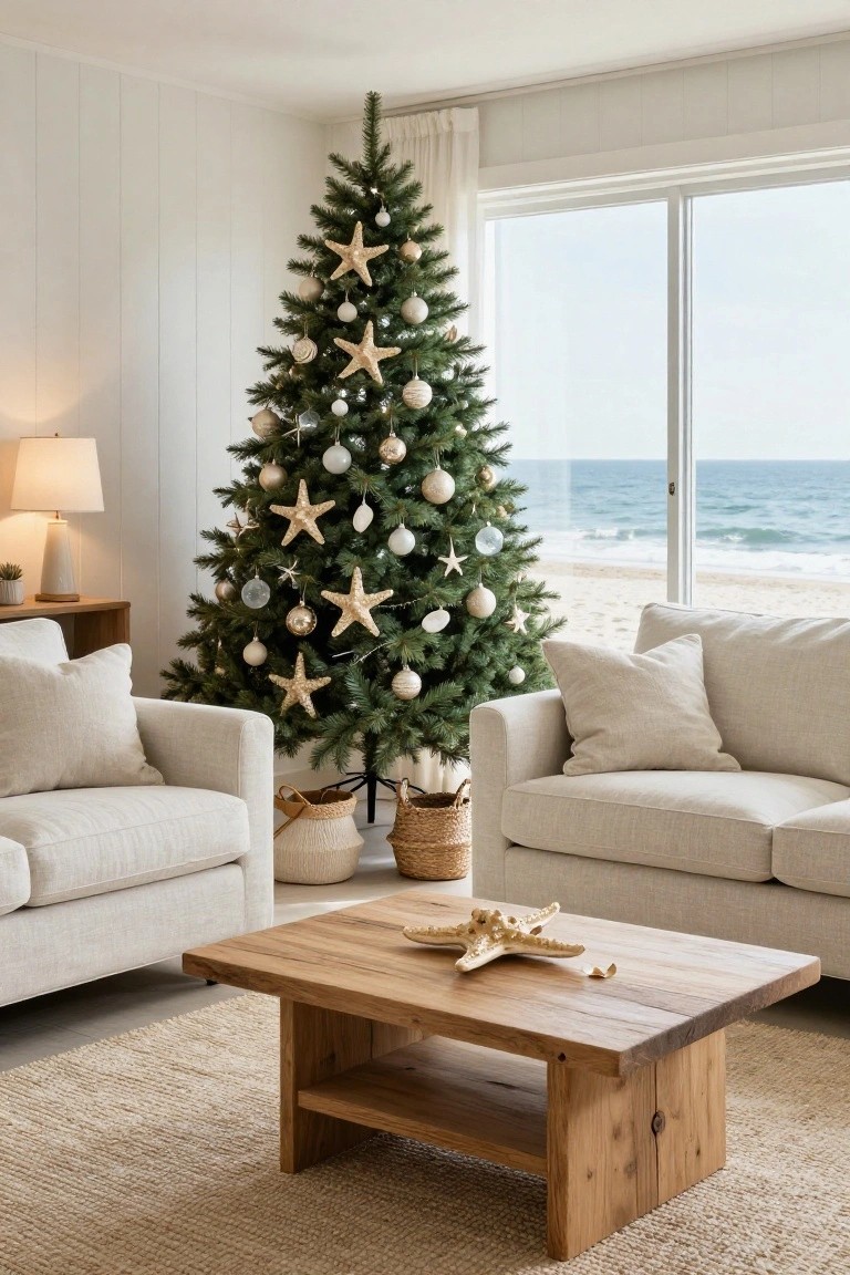 Living room featuring a Christmas tree decorated with beige starfish, gold and white baubles, cream sofas, wooden coffee table with starfish decoration, seagrass rug, and ocean view through large sliding windows.
