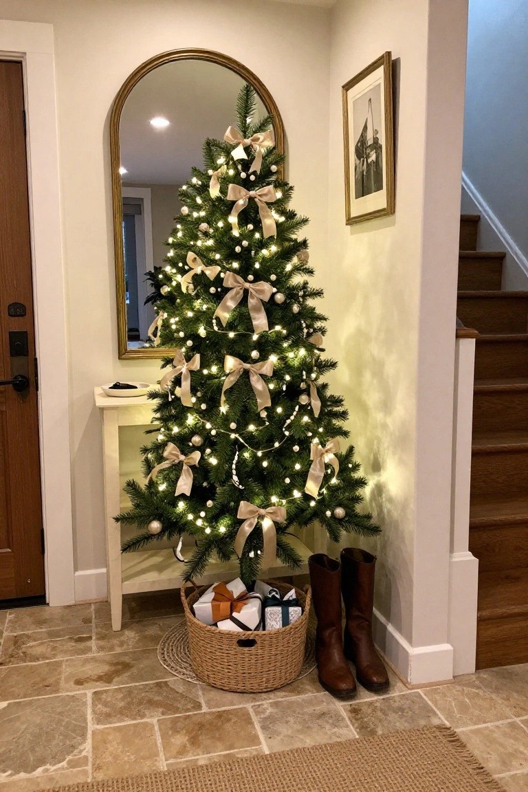 Lit Christmas tree decorated with cream satin bows and white glass ornaments in a home entry corner next to a gold arched mirror, white console table, basket of wrapped gifts, and tall brown leather boots on tiled floor by wooden stairs
