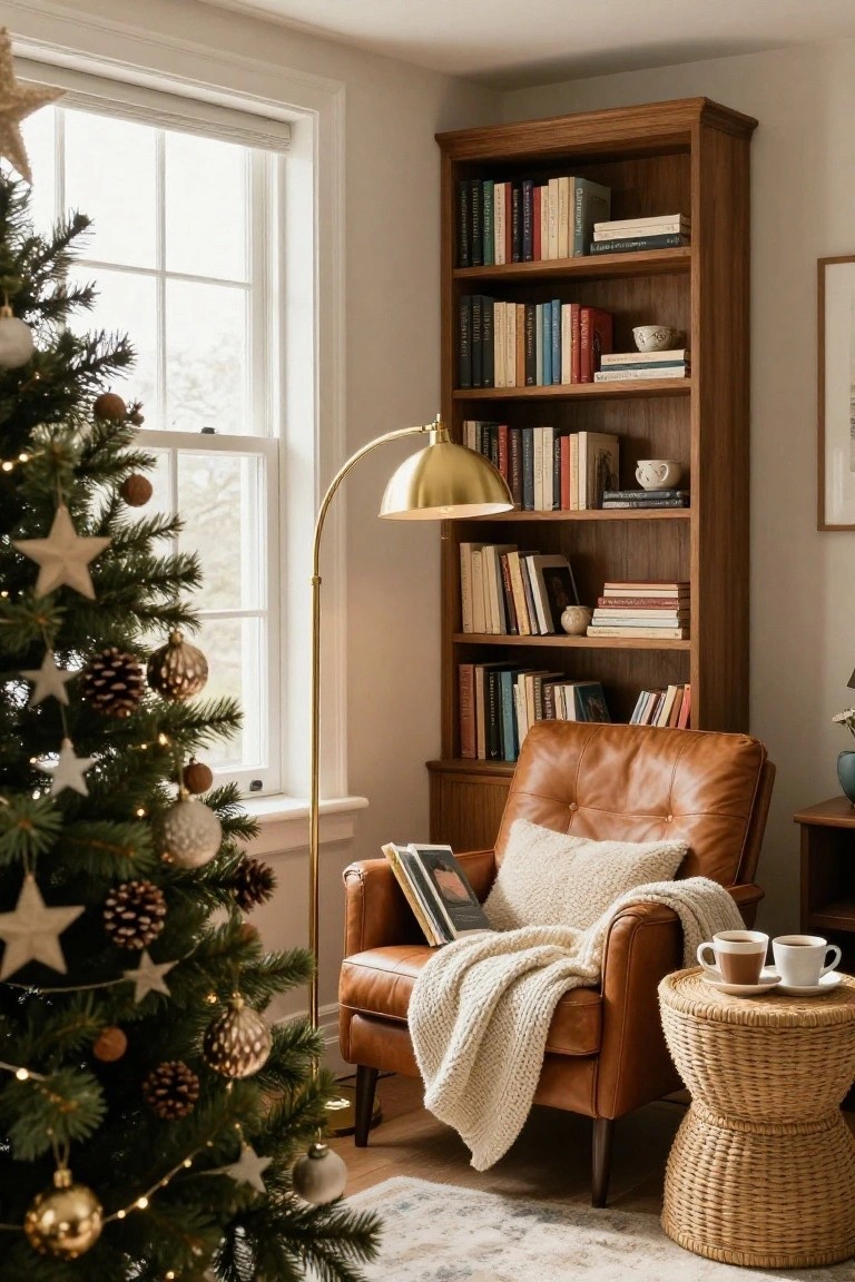 Corner of a beige room with a lit Christmas tree decorated in gold ornaments, pinecones, and stars, next to a tall wooden bookshelf filled with books, tan leather armchair with white throw blanket and open book, rattan stool side table holding two coffee cups, gold arched floor lamp, and window with blinds.