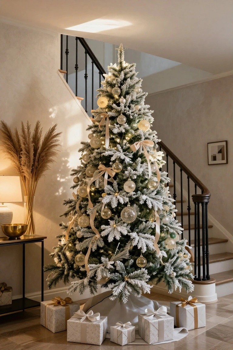 Tall artificial flocked Christmas tree decorated with gold glass ornaments, cream ribbons, and white lights in a light beige entryway near a black iron staircase, with potted pampas grass, a gold bowl, and wrapped white gift boxes at the base.
