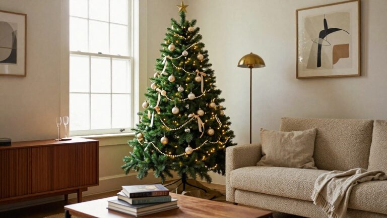 25 Luxurious Champagne Christmas Tree Ideas That Feel Sophisticated and Soft Living room with a lit Christmas tree decorated in gold and white ornaments, beaded garlands, and ribbons, next to a beige sofa, rattan chair, wood coffee table, and neutral rug.