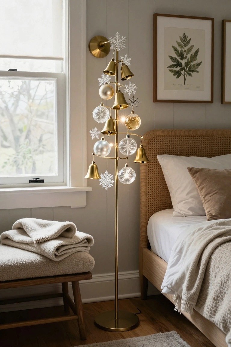A tall gold floor lamp resembling a Christmas tree with hanging bells, glass spheres, and snowflake details stands beside a rattan bed in a neutral bedroom with white walls, beige bedding, and a wooden bench.
