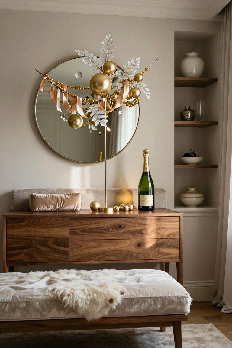 Round gold-framed mirror above a wooden console table in a beige interior, draped with gold bauble garland and white leaves, champagne bottle on console, gold accents, velvet pillow, fur-covered bench, and white shelves with ceramics.