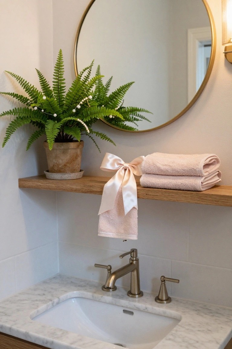 Bathroom vanity with white marble sink and gold faucet, wooden floating shelf displaying stacked pink towels tied with pink satin ribbon and a potted green fern decorated with white pearl strands, round gold mirror, and white subway tile walls.