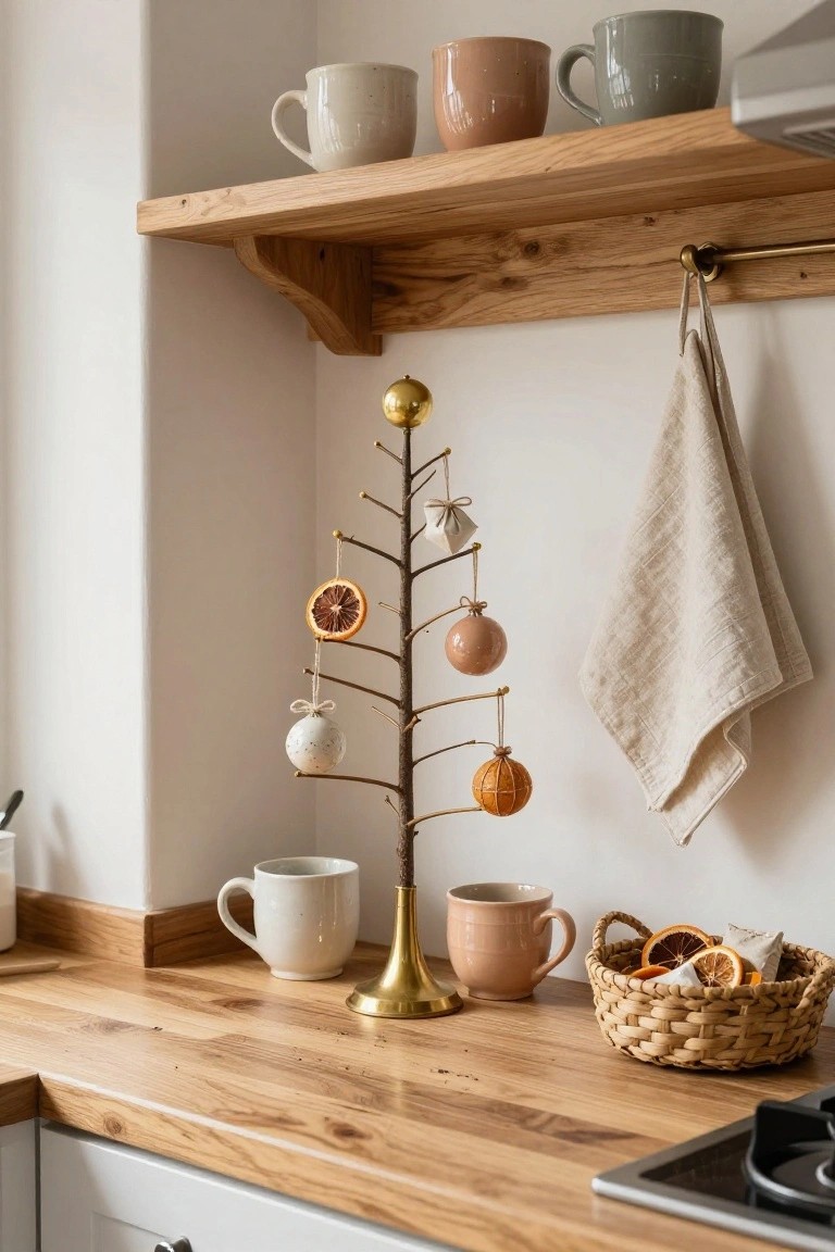 Kitchen counter and corner shelf with a small gold metal Christmas tree stand decorated with neutral pink, white, and orange ornaments, dried orange slices in a basket, pastel mugs, and linen towel on a rail.