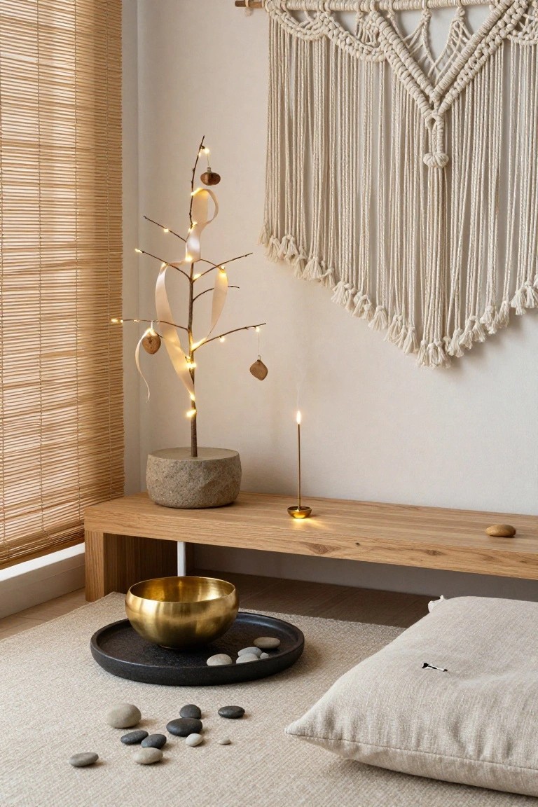 Indoor room corner with beige walls, bamboo blinds, macrame wall hanging, lit twig tree with wood leaf ornaments and satin ribbons in stone pot on wooden bench, incense holder, gold singing bowl on black tray with pebbles, and beige floor cushion.