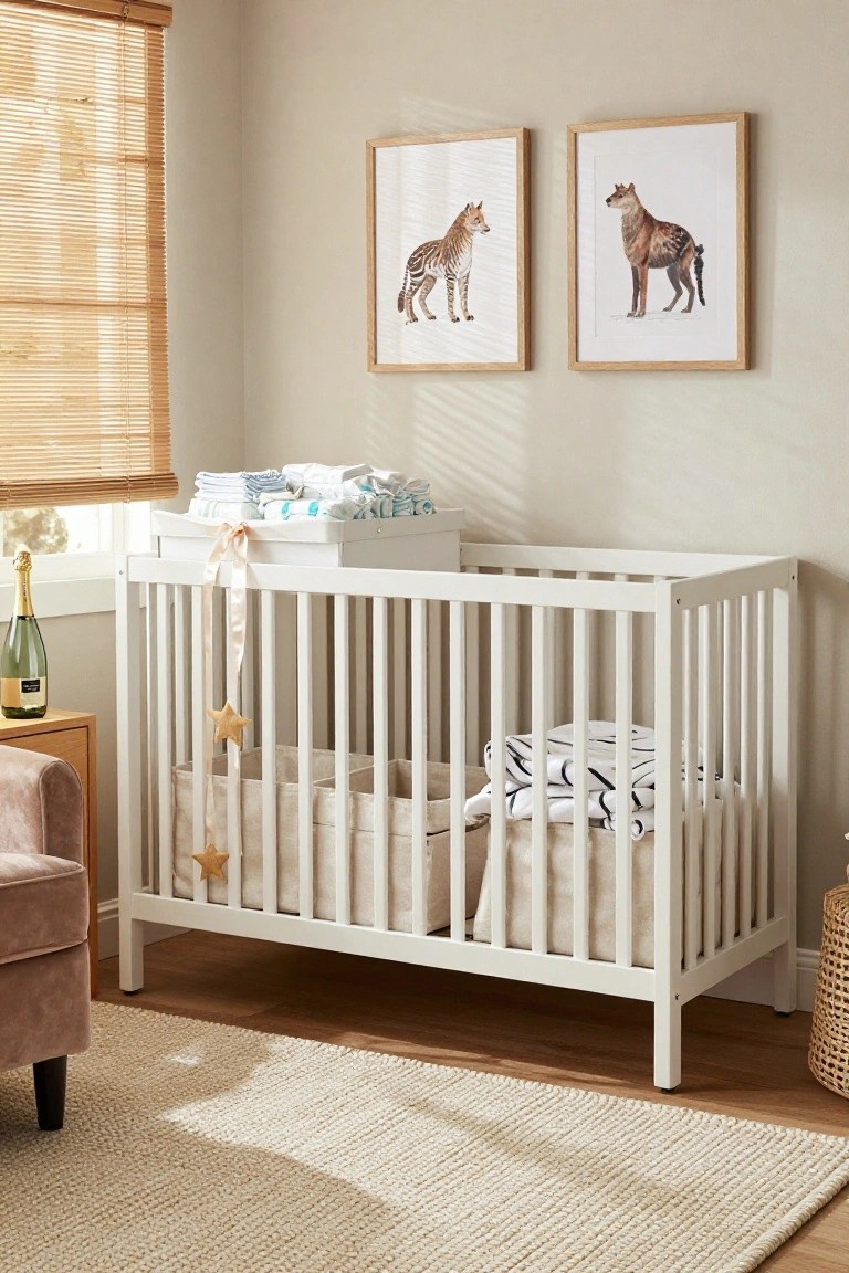 White wooden crib with changing top holding stacked baby clothes and diapers in a beige-walled nursery room, flanked by framed illustrations of striped animals, bamboo blinds, a gold-labeled champagne bottle on a wooden side table, star garland, storage baskets, and a light rug on hardwood floor.