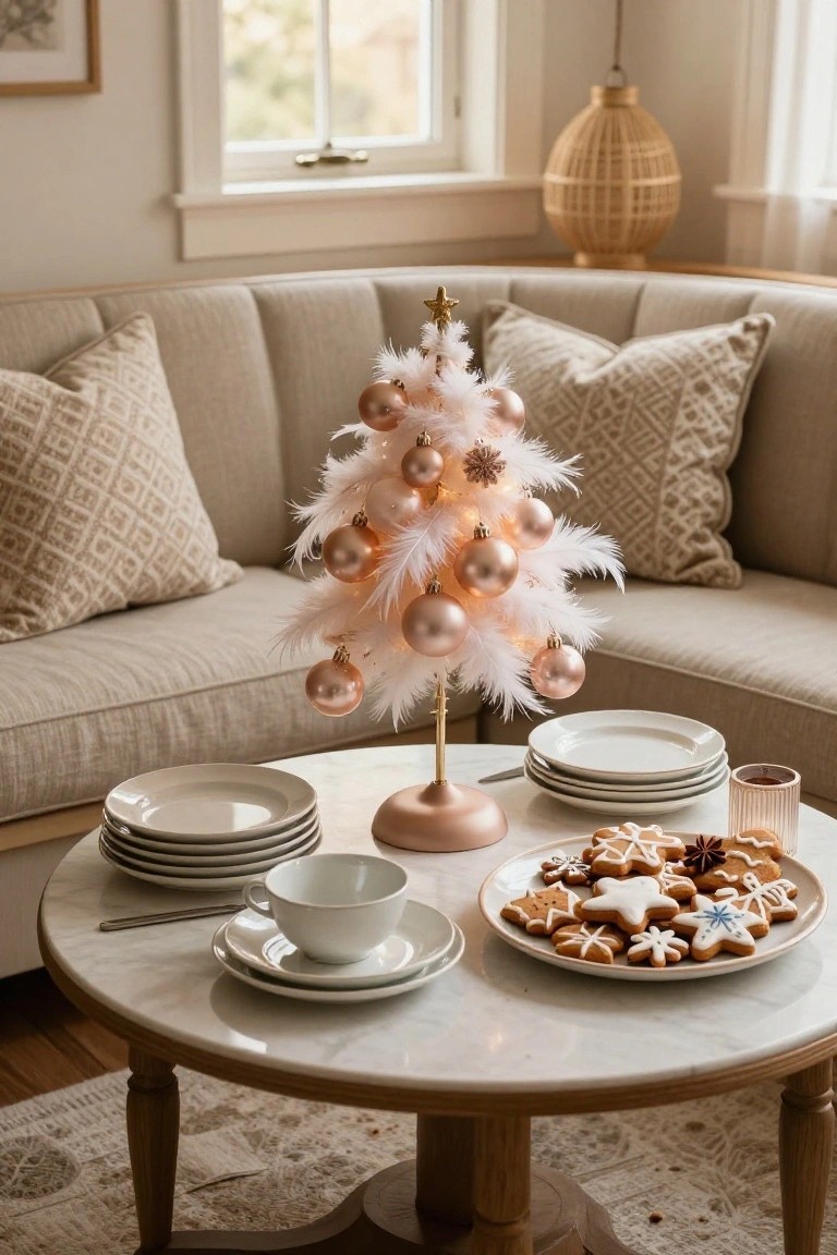 A small feathered Christmas tree in pink with rose gold ornaments on a pink pedestal base sits on a round marble table next to a beige tufted sofa, with stacked white plates, a teacup and saucer, and a plate of iced gingerbread cookies in a light neutral living room.