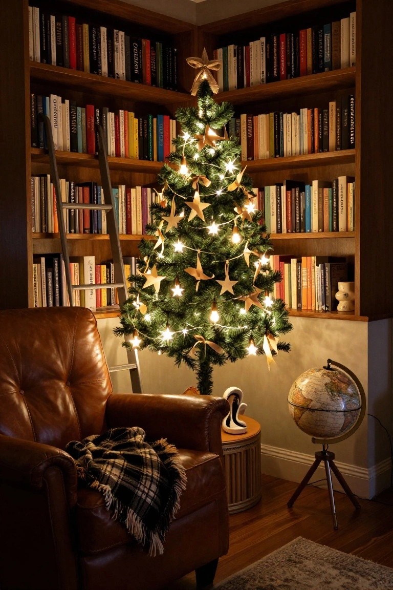 Small Christmas tree with gold star decorations and white lights in corner of wood-paneled library room lined with bookshelves, wooden ladder, leather armchair with plaid throw, white swan sculpture, and globe on tripod stand.