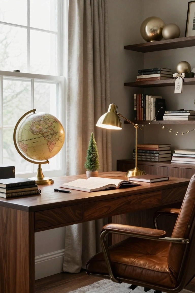 Home office corner with walnut desk and leather chair, open book and stack of books on desk, small flocked Christmas tree, brass desk lamp lit up, gold globe on brass stand by window, bookshelves with books and gold ornaments, sheer linen curtains, and fairy lights.