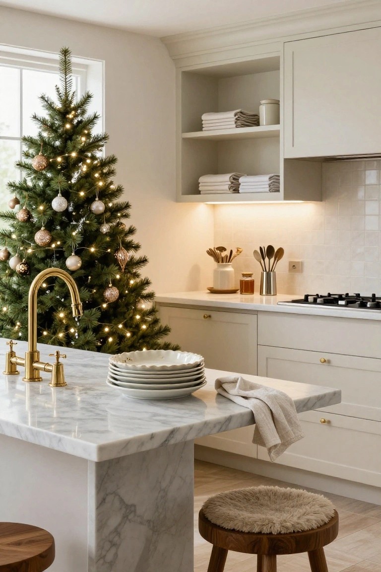 A lit Christmas tree decorated with gold and white ornaments stands in the corner of a modern kitchen next to a white marble island, gold faucet, and cream cabinets.