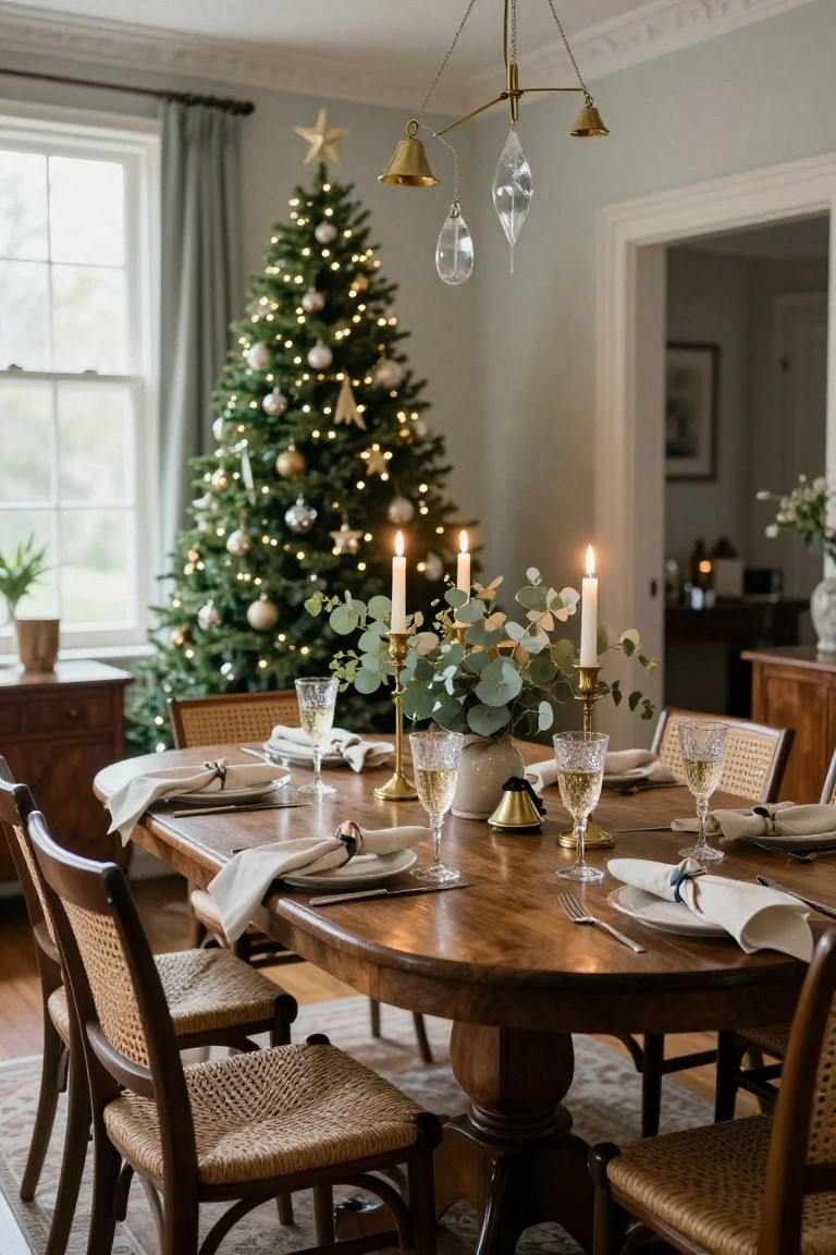 Elegant dining table set for a festive meal, with a decorated Christmas tree nearby.