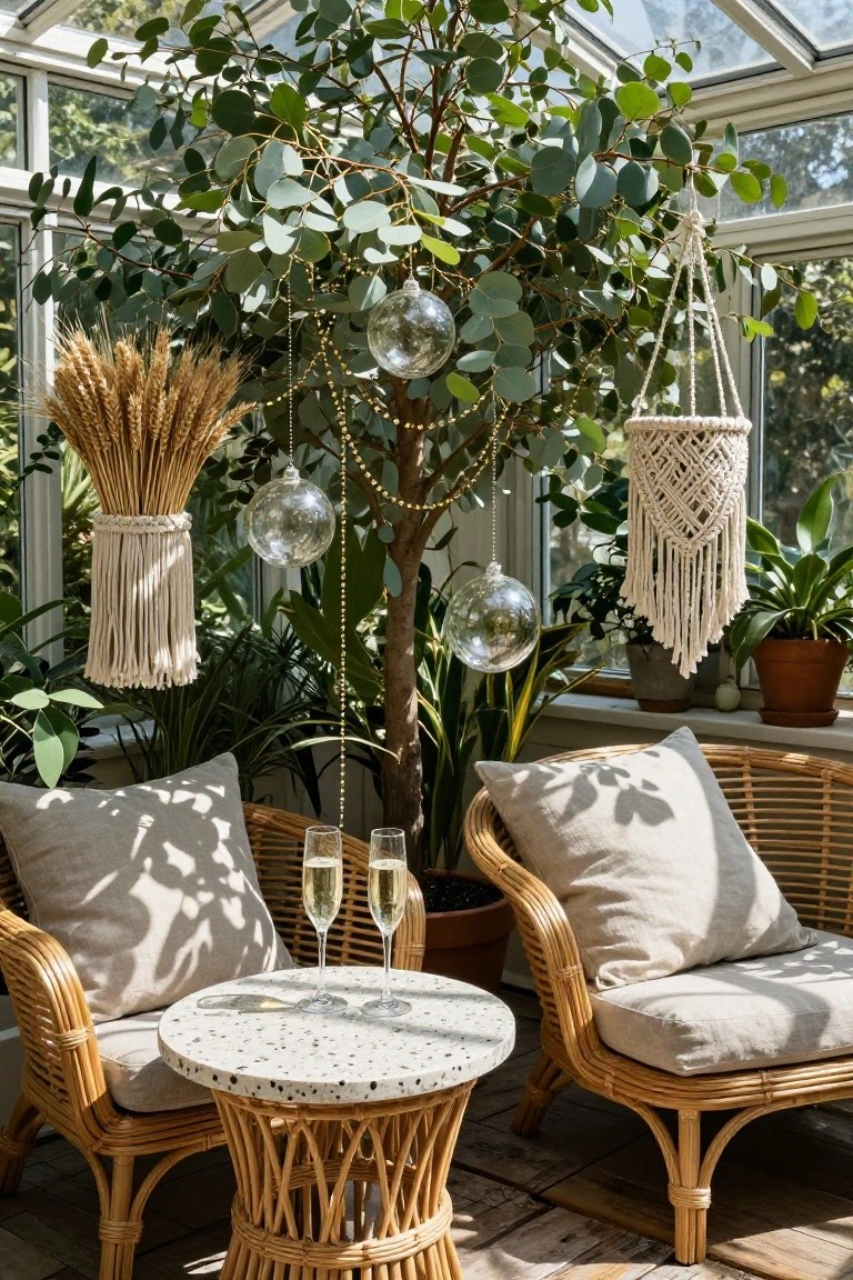 Sunroom featuring a tall potted eucalyptus tree decorated with clear glass ornaments, gold bead garlands, hanging wheat sheafs, and macrame; two cushioned rattan chairs flank a speckled round table with two champagne flutes.