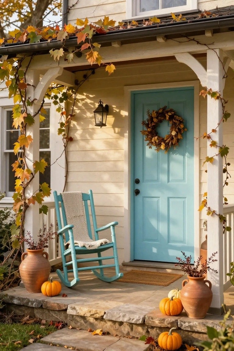 Modern porch with beige stucco walls, wooden posts, turquoise molded chair, wooden stool table, potted succulents, black gourd-shaped vases, seagrass mat, and terrazzo steps beside a concrete path.