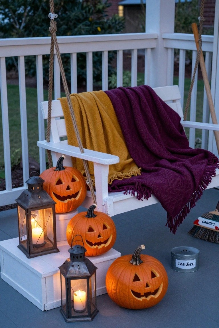 White porch swing draped with mustard yellow and purple blankets on a wooden deck, surrounded by jack-o-lanterns, lit lanterns, and a tin labeled 