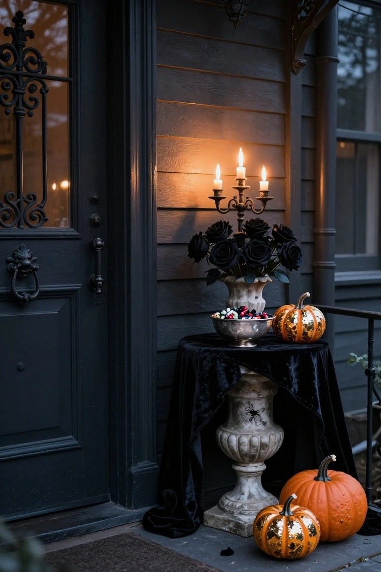 Tiered black metal plant stand on a porch displaying terracotta pots with black grasses, copper watering cans, a basket of beads and nuts, a small pumpkin gourd, and trailing ivy plants nearby.