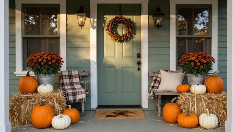 Wooden porch deck featuring stacked hay bales with pumpkins, a rocking chair with red check blanket, metal milk can, fall mums in a pot, lantern, and string lights hanging above, with house windows and autumn trees in the background.