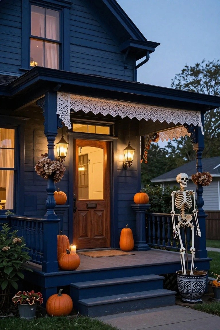 Exterior view of a gray house porch at dusk decorated for Halloween, featuring a black door with lace curtains, symmetrical stone urns with boxwood topiaries and candles flanking the steps, a vintage black suitcase with a carved pumpkin and plastic raven on the lower step, and tiled entry stairs.